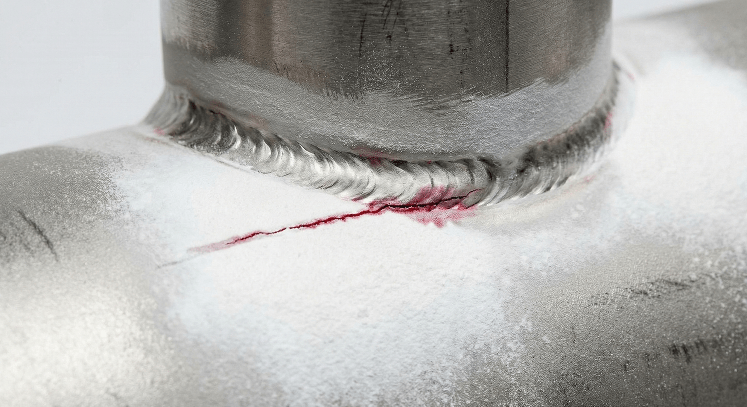 A close-up of a red dye penetrant indication on a stainless steel weld seam