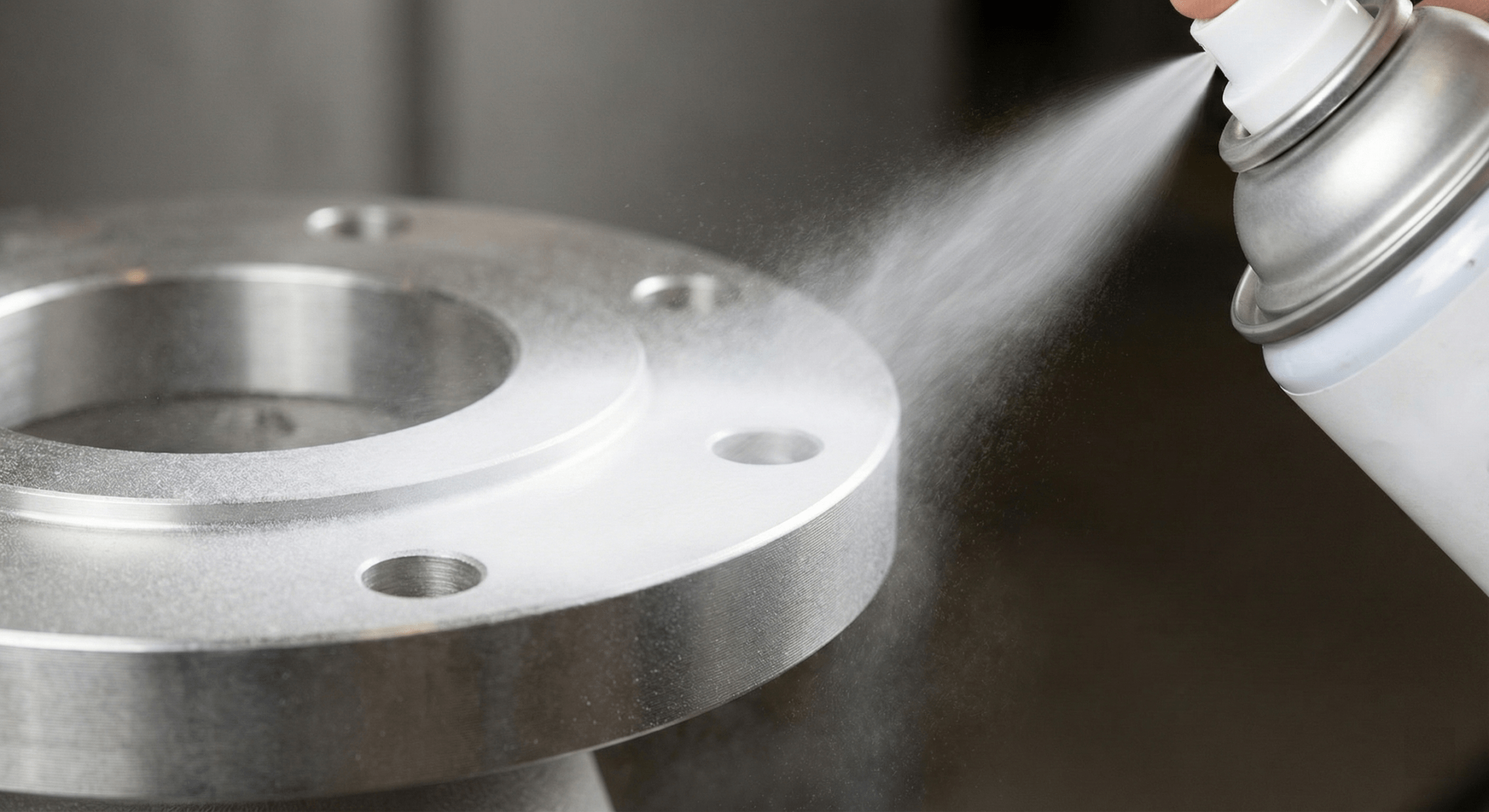 A technician applying developer spray to a stainless steel flange