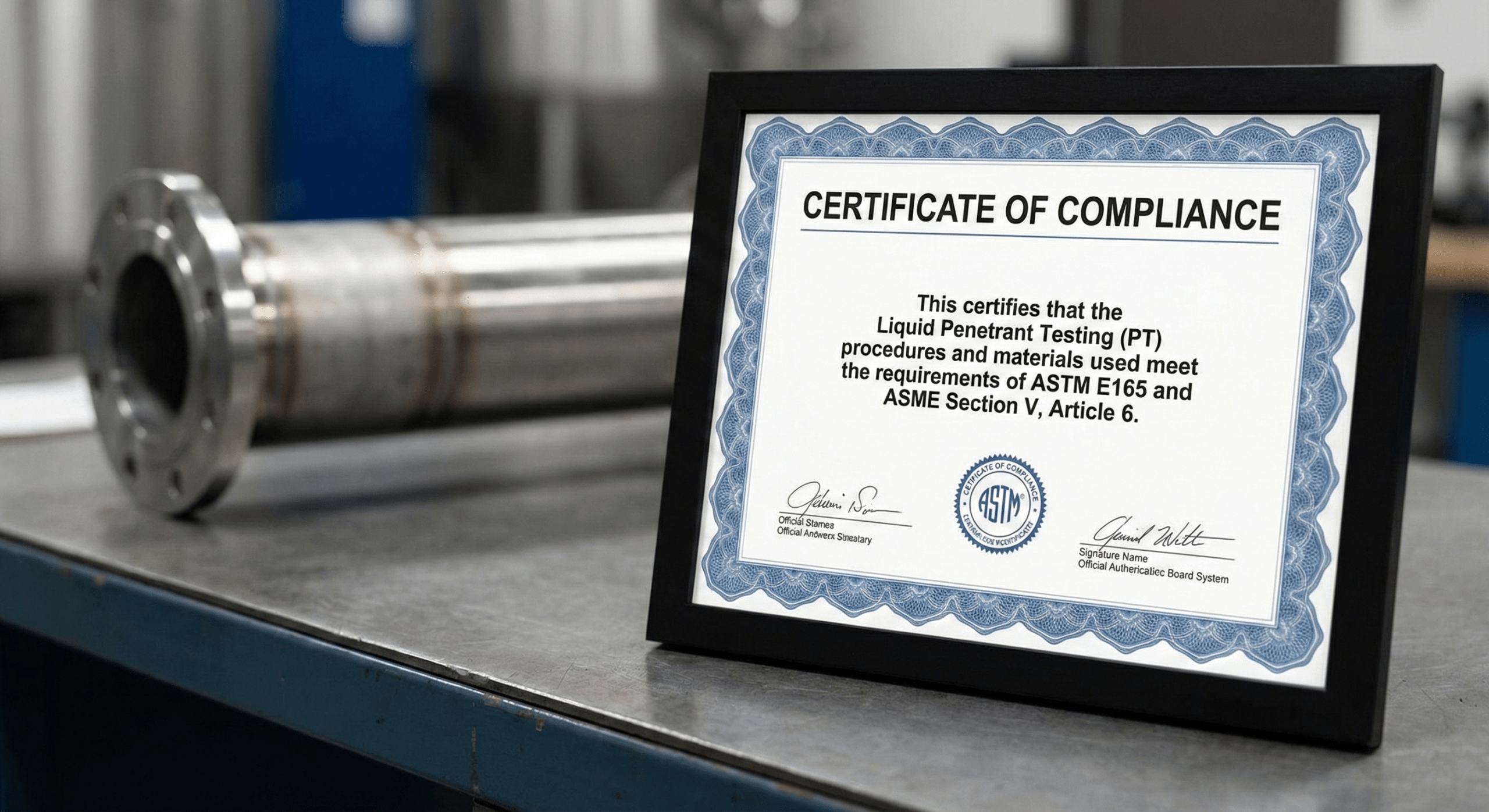 A quality certificate showing compliance with ASTM and ASME standards