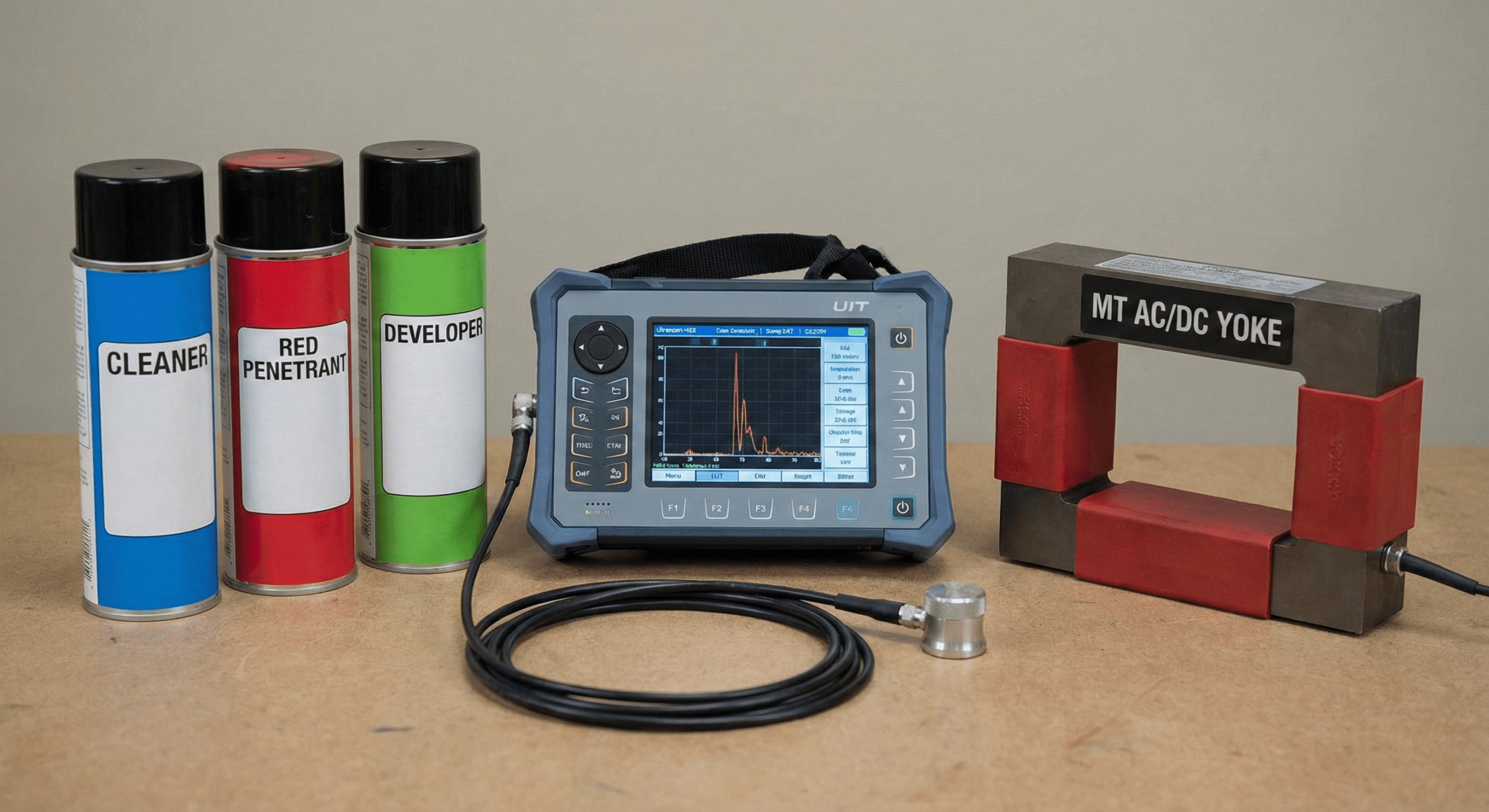 A set of NDT tools including PT cans, a UT probe, and an MT yoke
