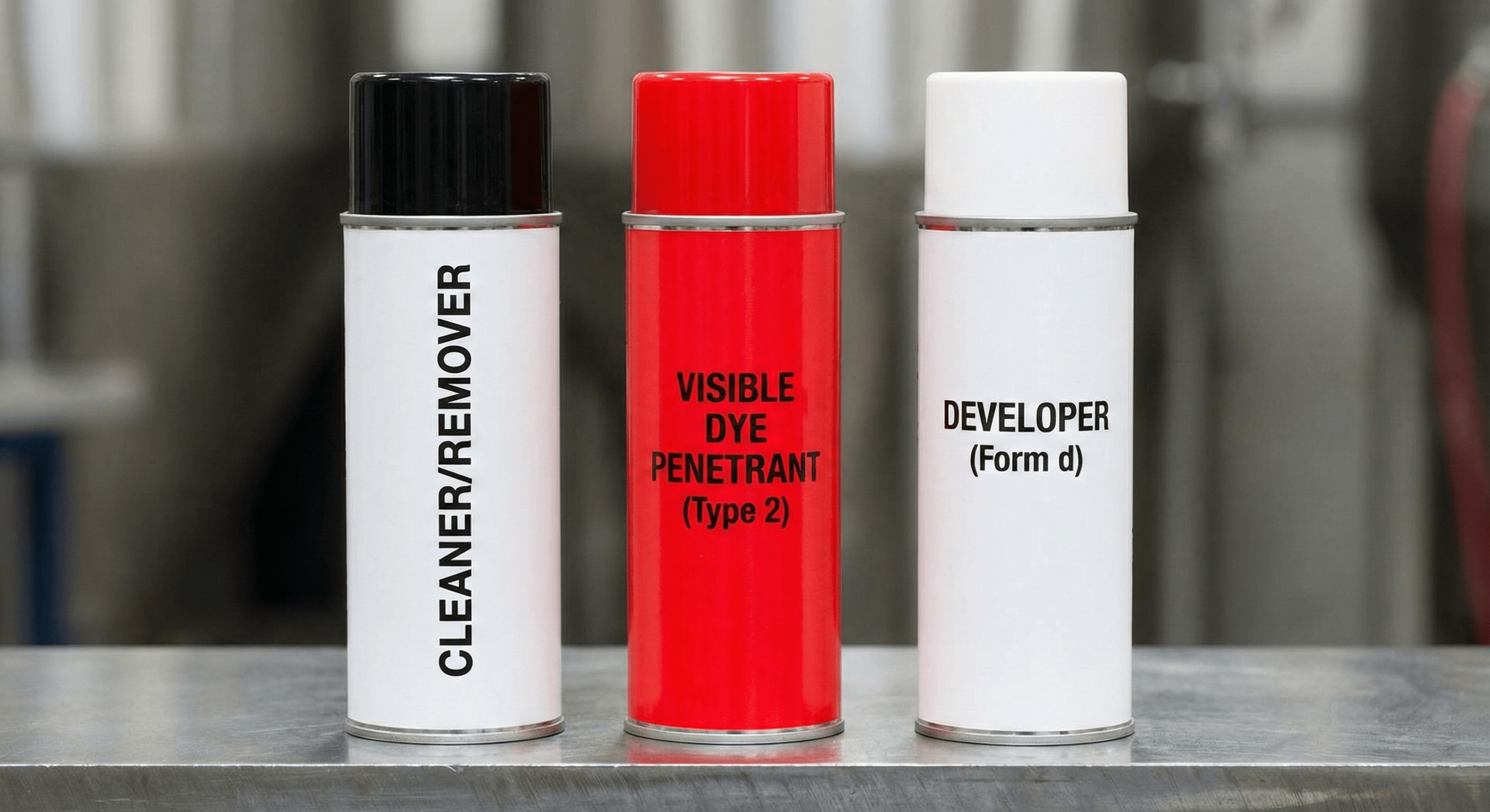 A set of three aerosol cans for PT: cleaner, penetrant, and developer