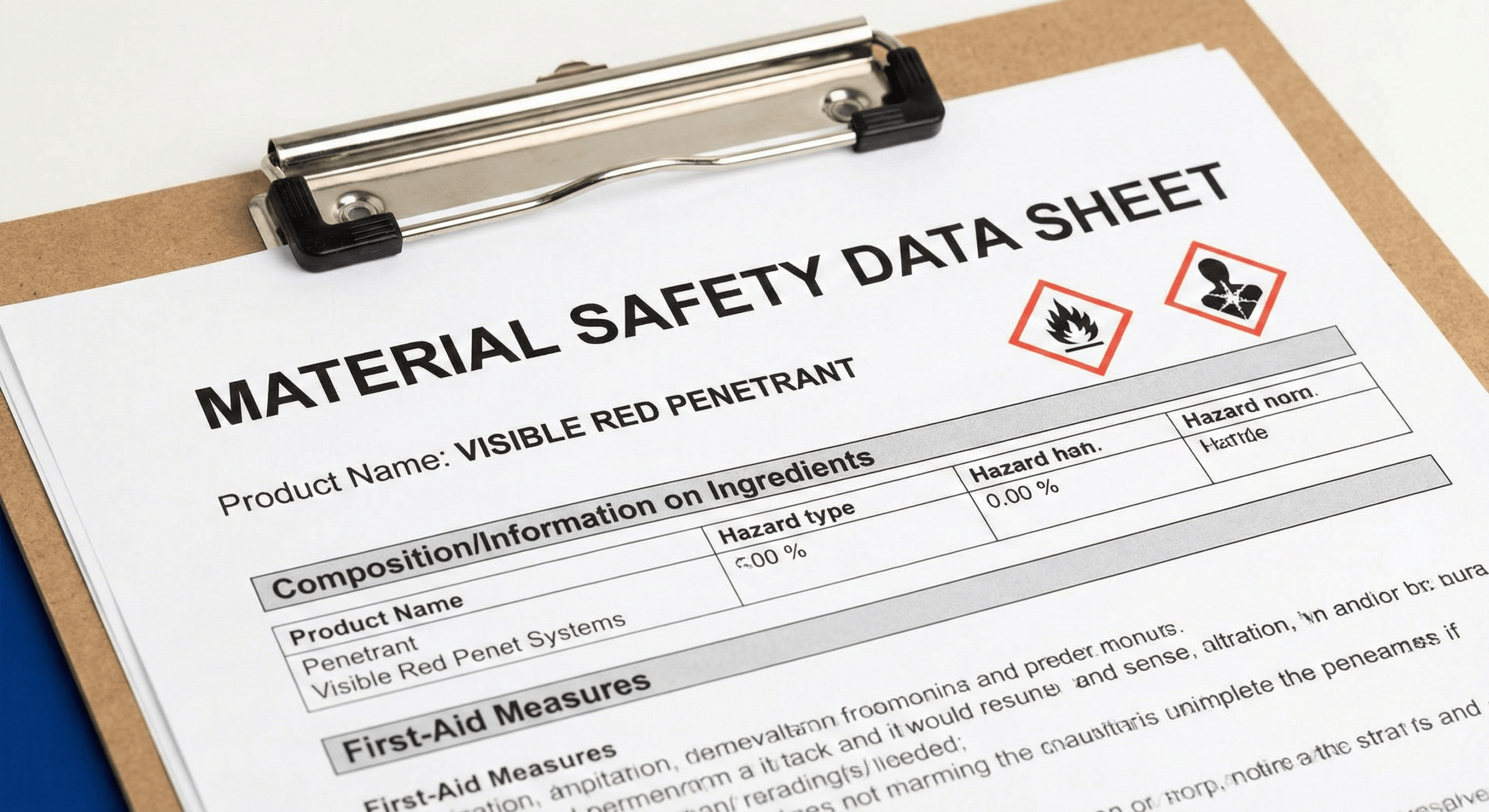 A Material Safety Data Sheet (MSDS) for a penetrant chemical