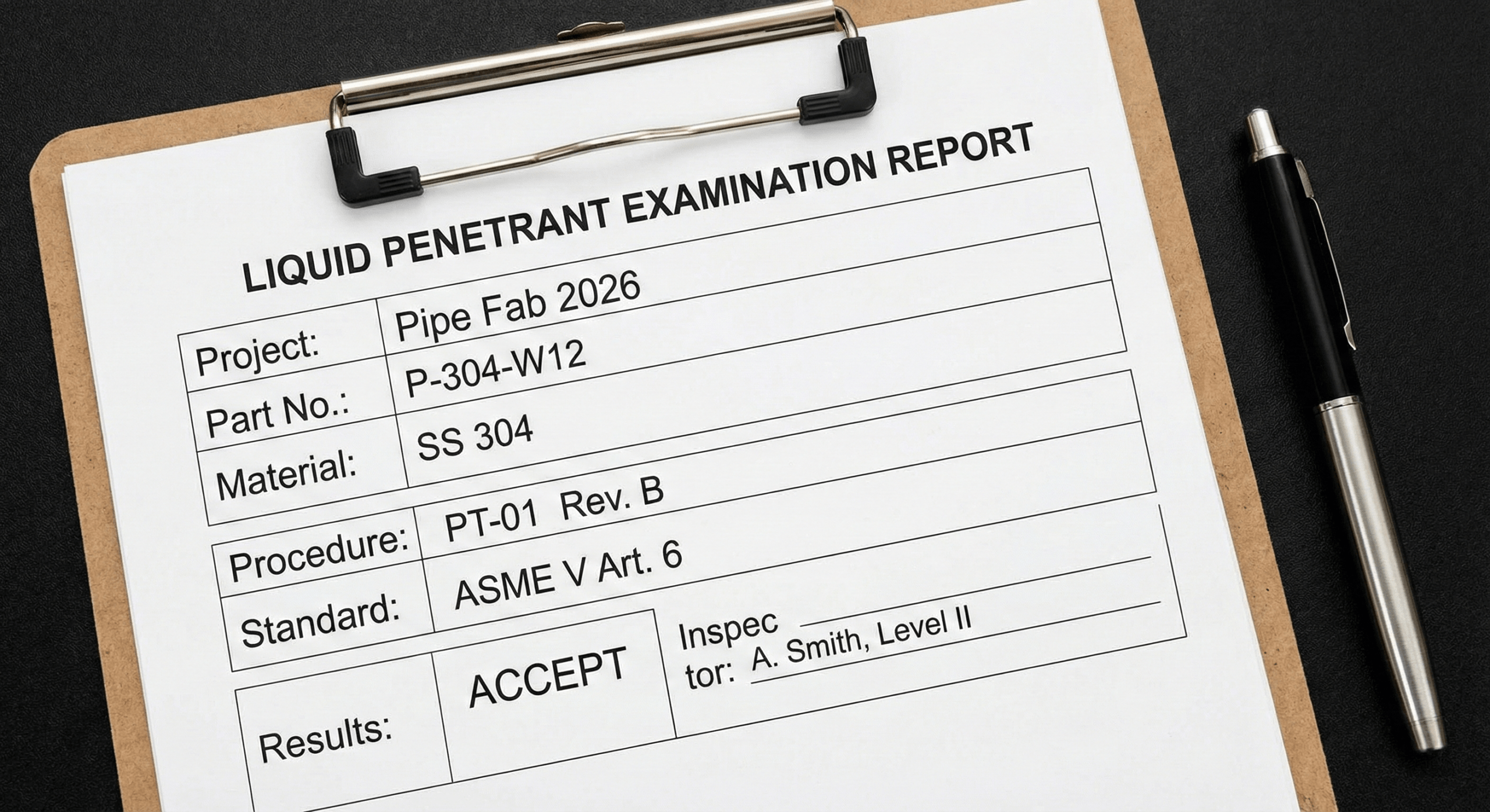 A sample liquid penetrant testing report with fields for data entry
