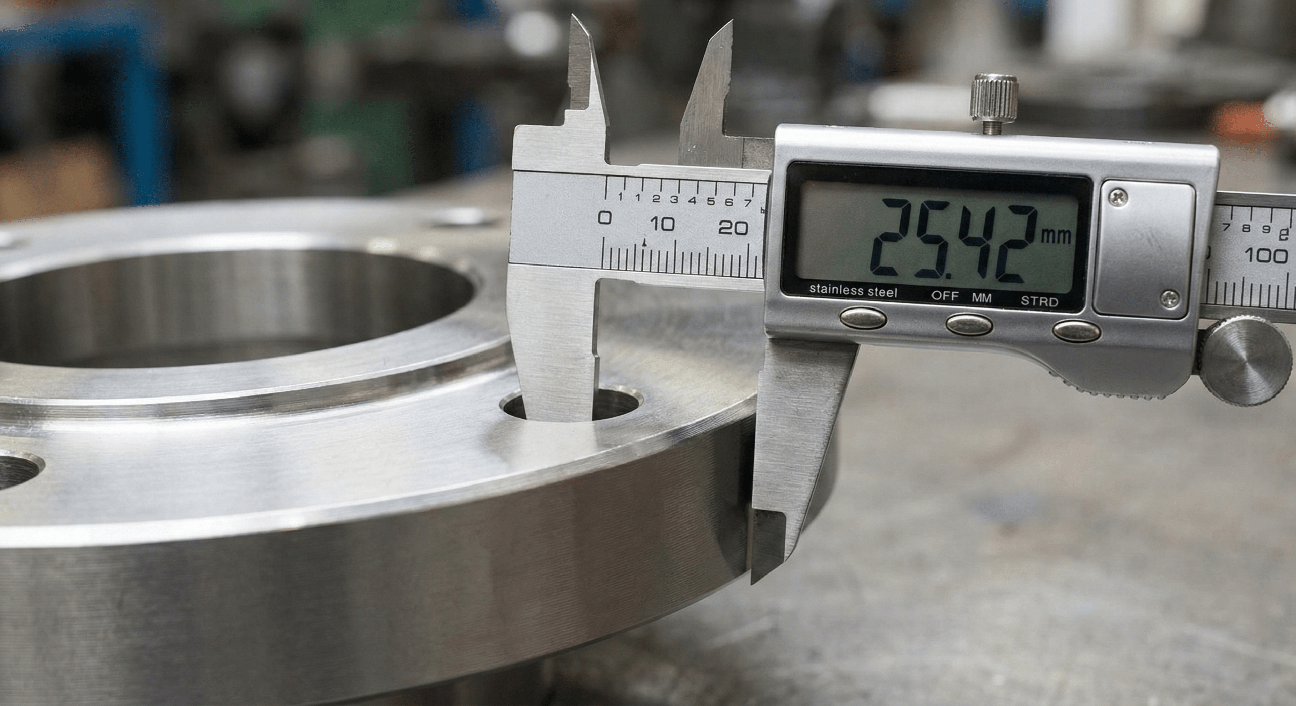 A caliper measuring the thickness of a stainless steel flange
