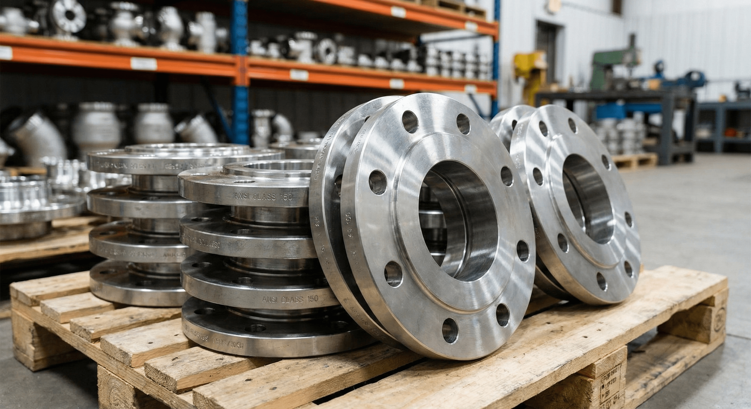 A stack of ANSI 150 flanges in a warehouse