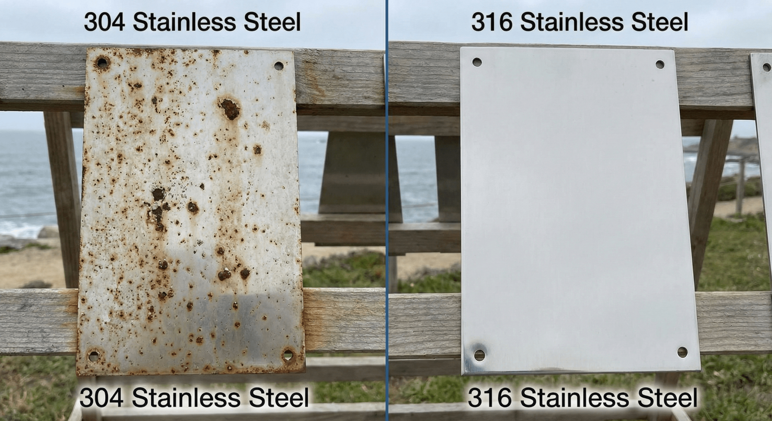 Side-by-side comparison of 304 and 316 steel in a corrosive environment