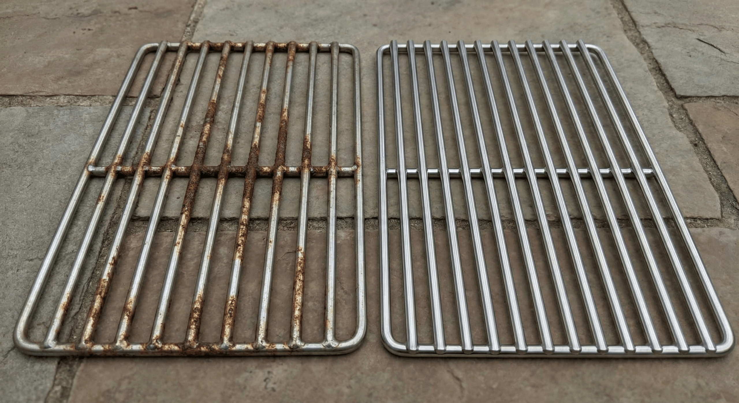 A rusty 201 stainless steel item next to a clean 304 item