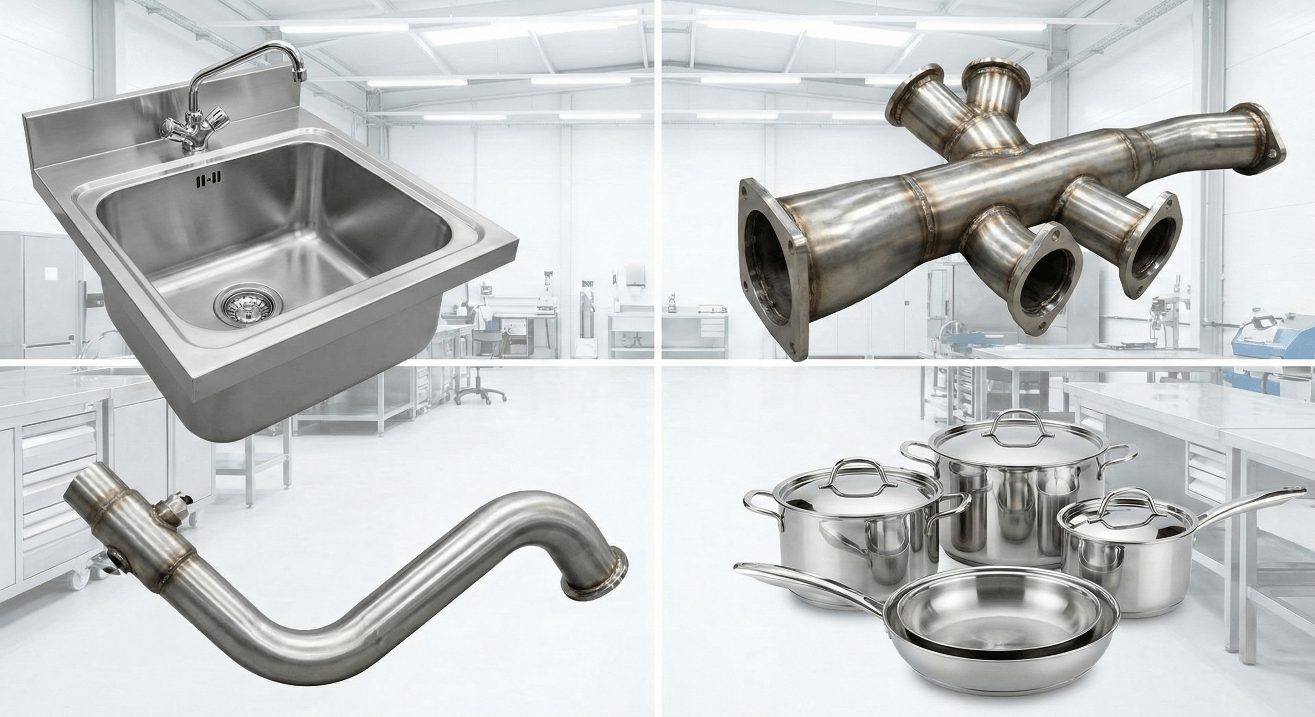 Various products made from 304 stainless steel, like kitchenware and industrial parts