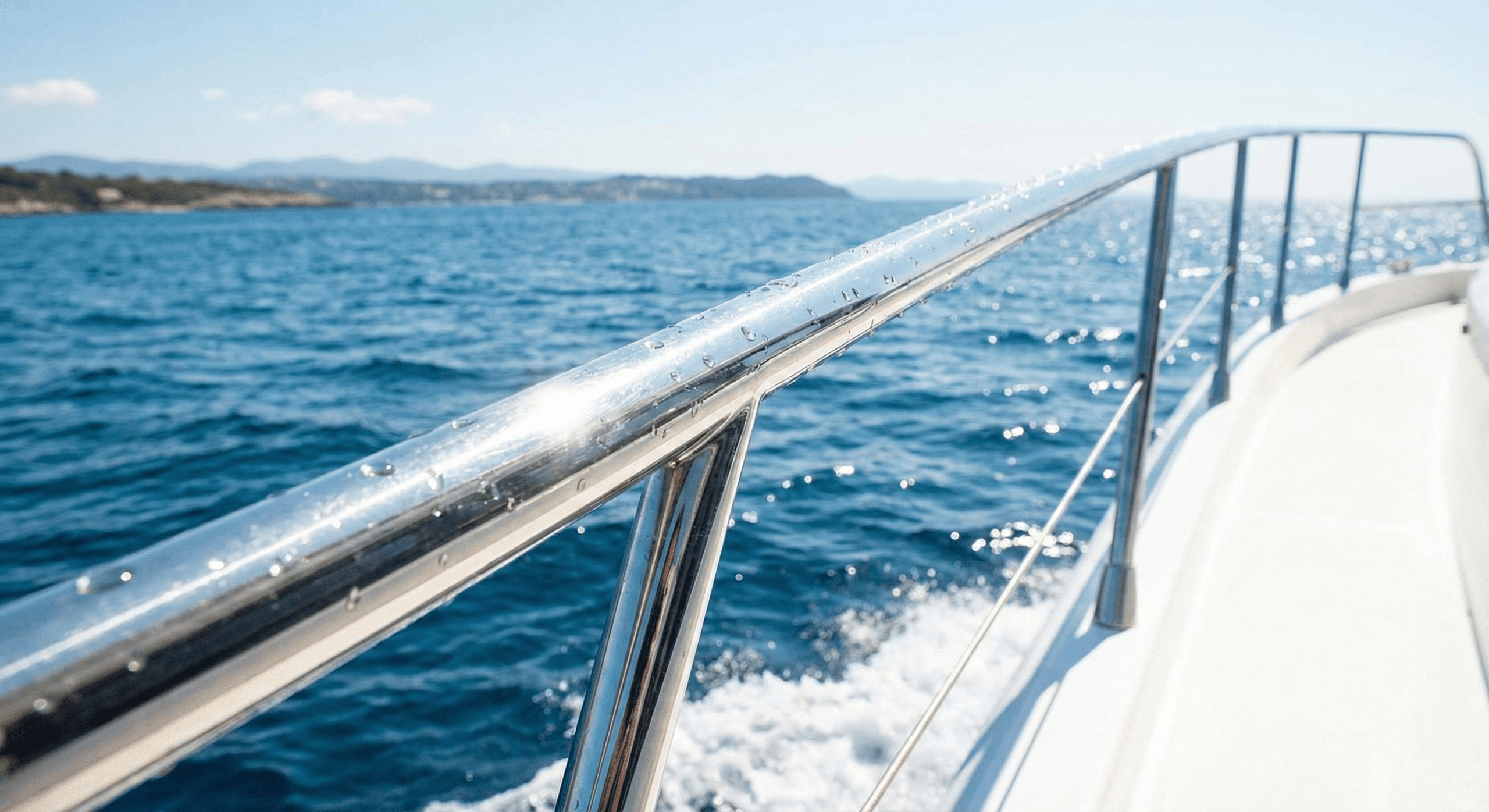 A shiny 316 stainless steel boat railing in a marine environment