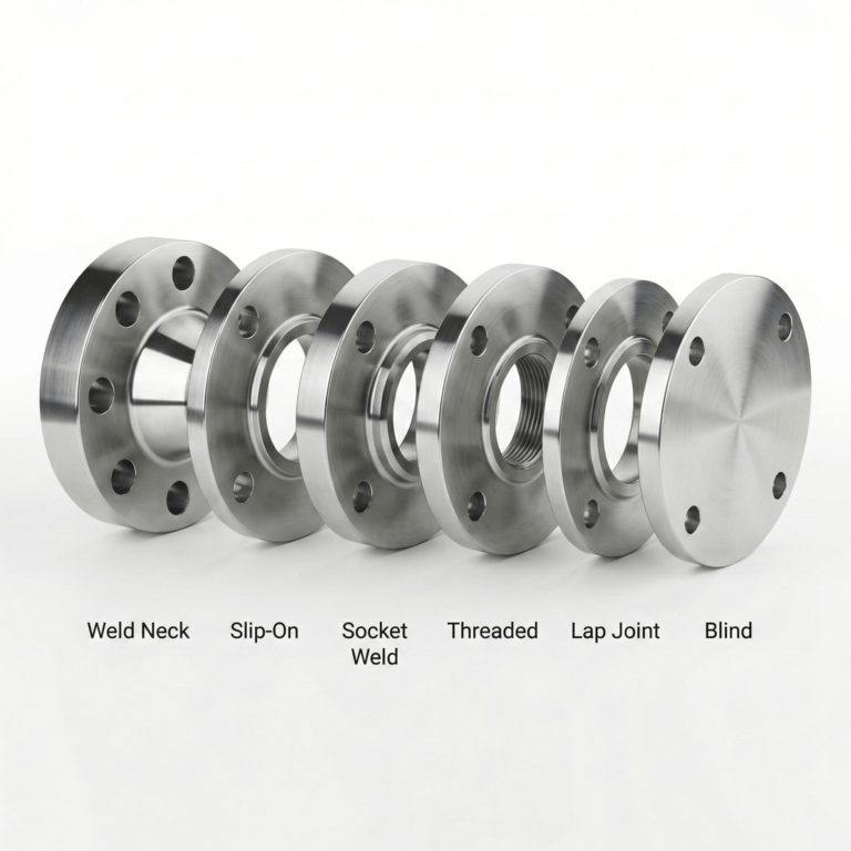 Six common stainless steel flange types side by side: weld neck, slip-on, socket weld, threaded, lap joint (shown without its stub end) and blind