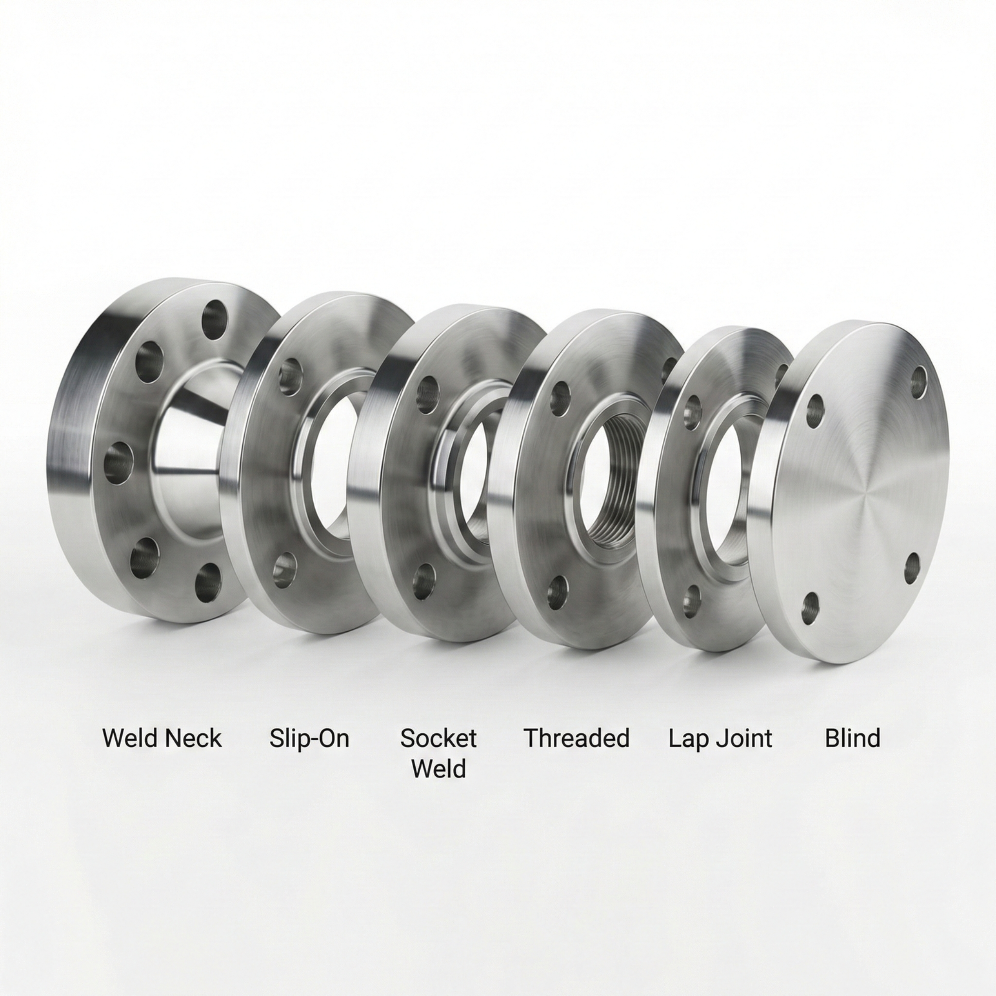 A collection of different stainless steel flanges