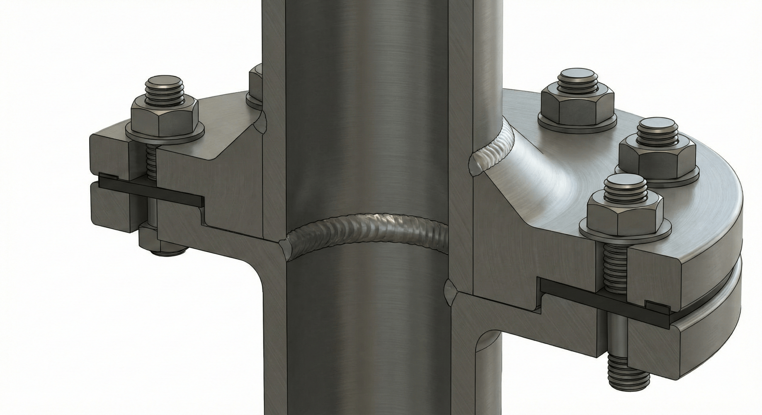 A slip-on flange being fitted over a stainless steel pipe