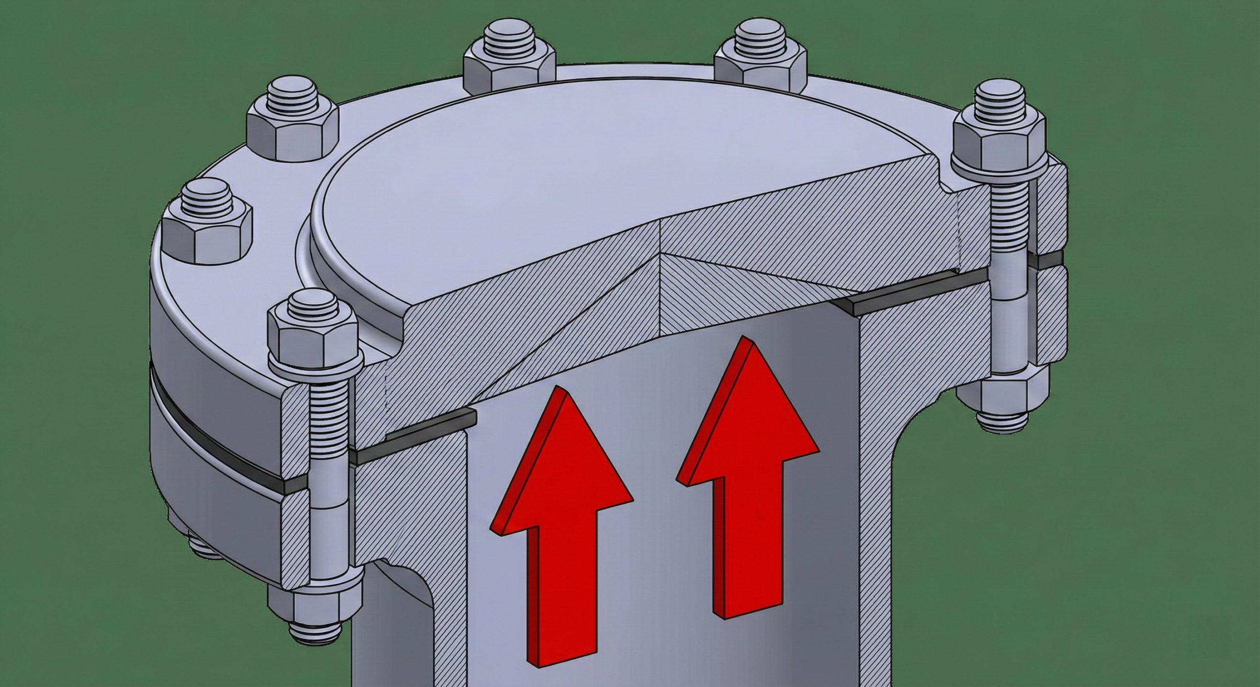 A large blind flange bolted to the end of a pipeline