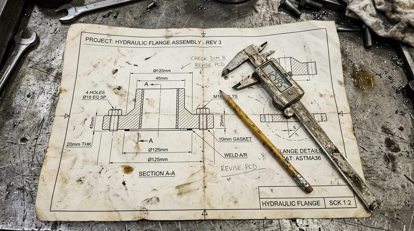 Technical drawing of a flanged pipe joint with dimensions