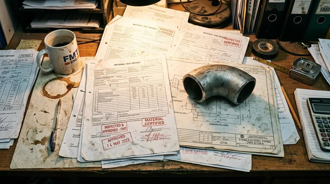 An engineering manager reviewing project documentation and certifications