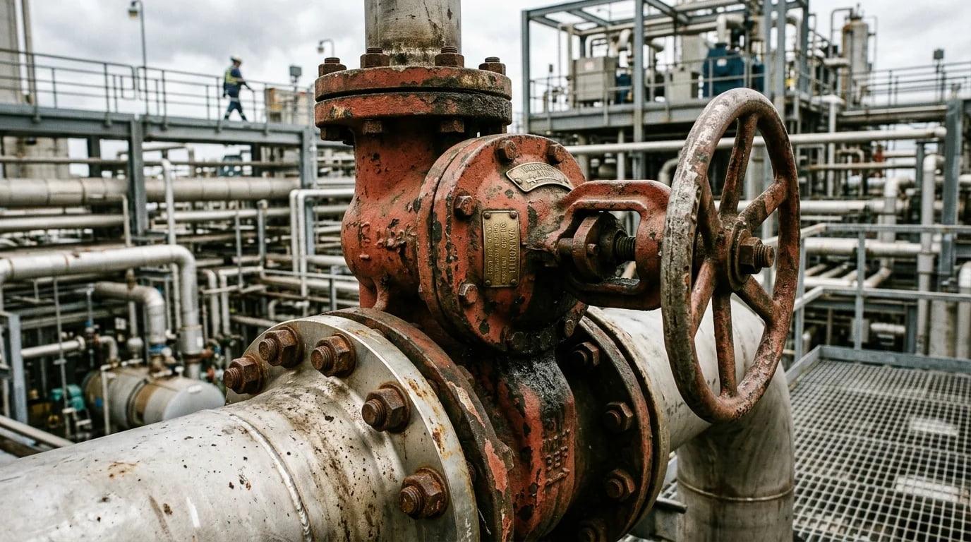 A flanged joint connecting a pipe to an industrial valve