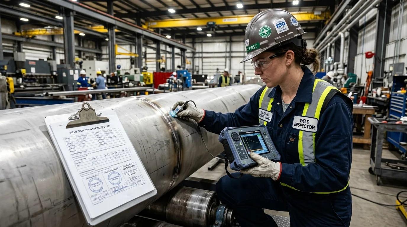 An inspector examining a pipe weld with certification documents nearby