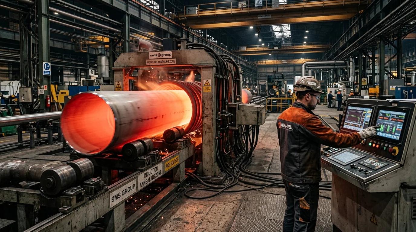 A factory worker monitoring the stainless steel pipe production line