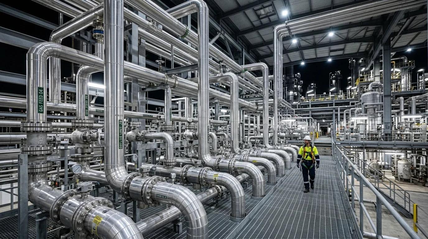 A network of stainless steel pipes in an oil and gas facility