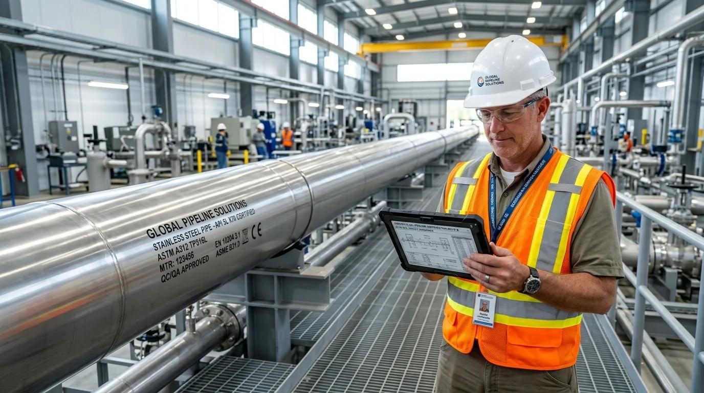 A project manager reviewing blueprints in front of a pipeline