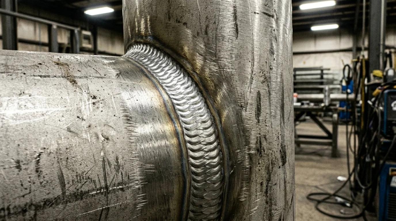 Close-up of a flawless stainless steel pipe weld