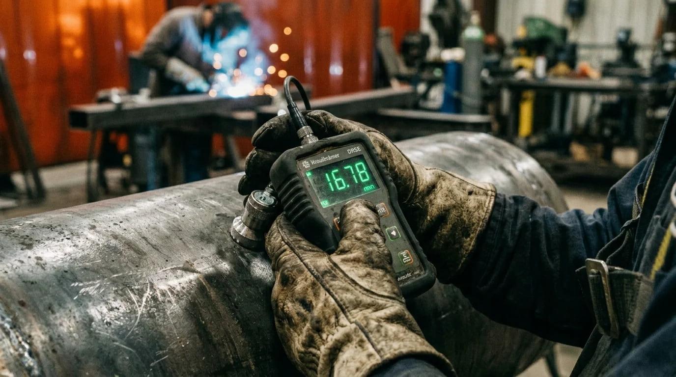 A technician inspecting the wall thickness of a stainless steel pipe