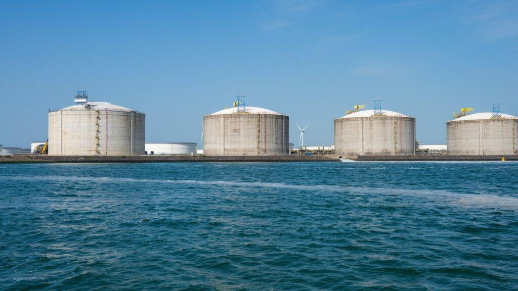 LNG storage tanks at a coastal receiving terminal