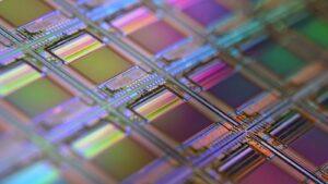 Close-up of a silicon wafer with microchip dies