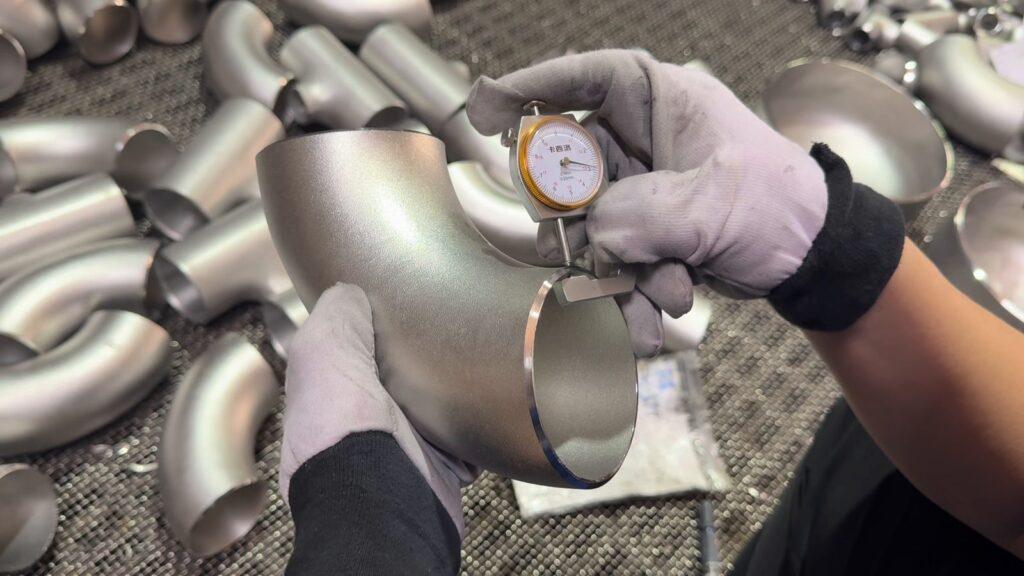 Dial thickness gauge measuring the wall thickness of a stainless steel elbow