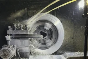 Facing a large-diameter stainless steel forged flange ring on a heavy-duty lathe at the HuaboPipe factory in Lishui