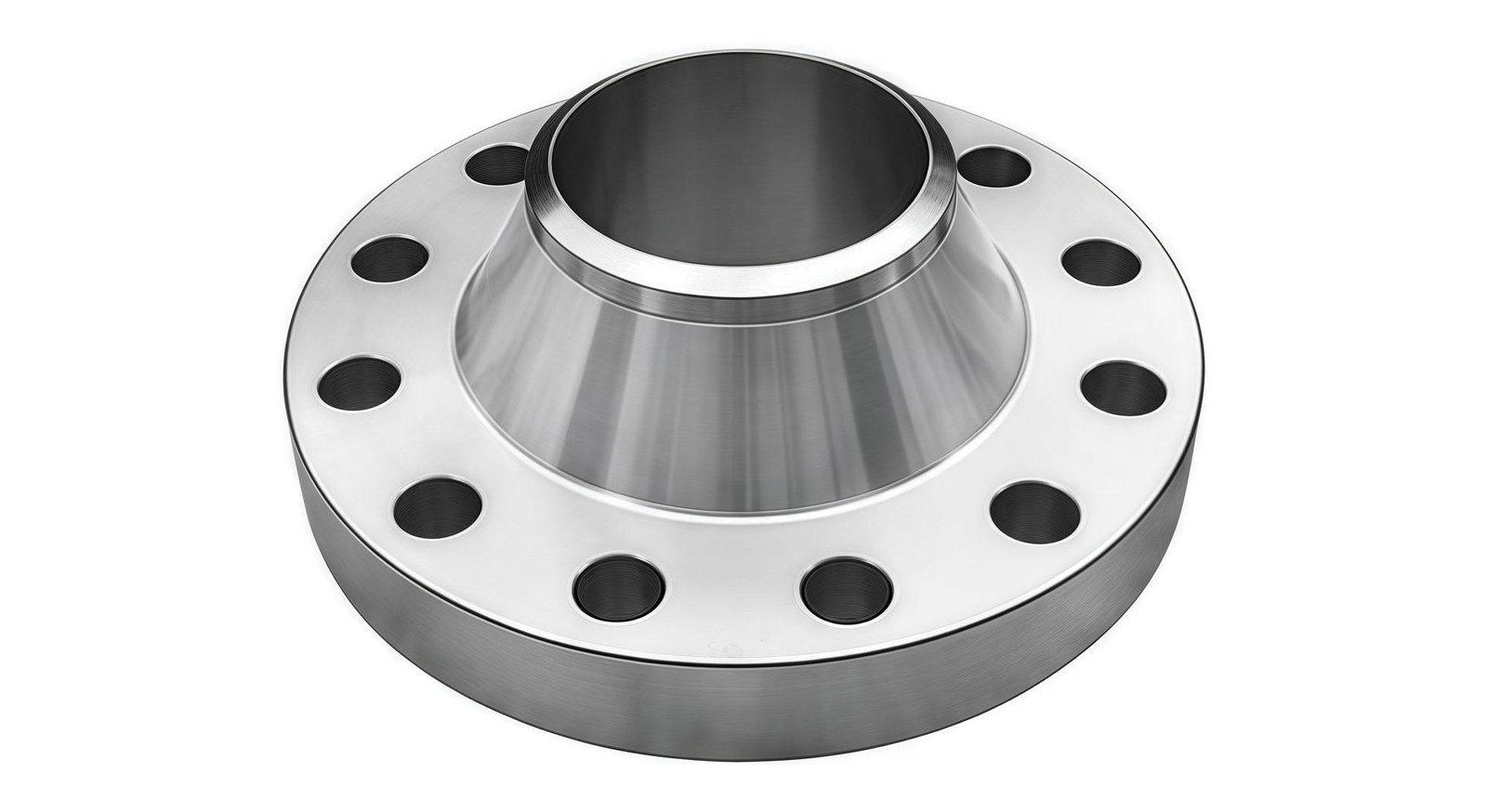 Stainless steel weld neck flange with bolt holes on a white background